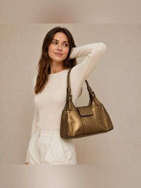 Emilie M. Metallic Bronze Satchel Shoulder Bag Double Handles Magnetic Snap